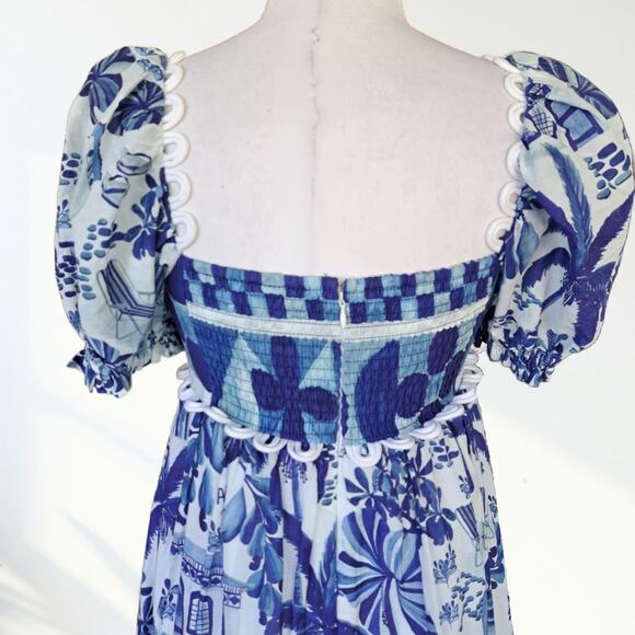 FARM RIO Sweet Rio Midi Dress Small Puff Sleeve Blue Tropical Graphic Print - Picture 10 of 13